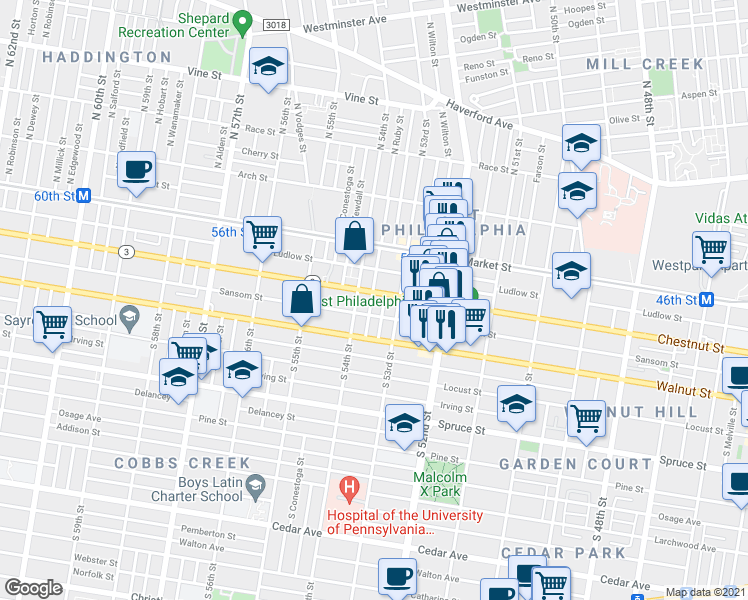 map of restaurants, bars, coffee shops, grocery stores, and more near 106 South Peach Street in Philadelphia