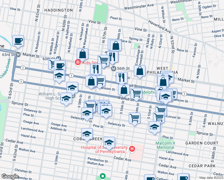 map of restaurants, bars, coffee shops, grocery stores, and more near 5532 Sansom Street in Philadelphia