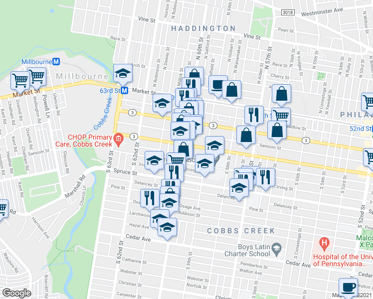 map of restaurants, bars, coffee shops, grocery stores, and more near 213 South 60th Street in Philadelphia