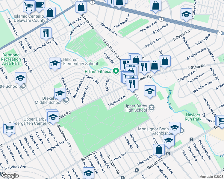 map of restaurants, bars, coffee shops, grocery stores, and more near 807 Eaton Road in Drexel Hill
