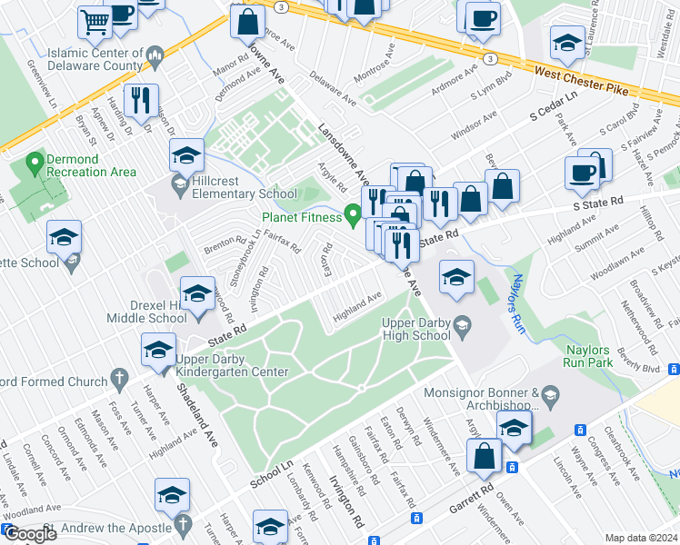 map of restaurants, bars, coffee shops, grocery stores, and more near 807 Eaton Road in Drexel Hill