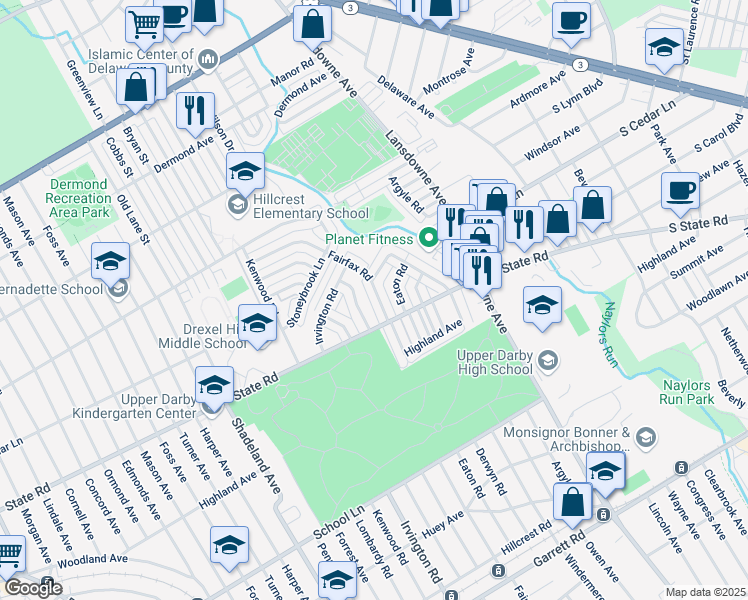 map of restaurants, bars, coffee shops, grocery stores, and more near 826 Fairfax Road in Drexel Hill