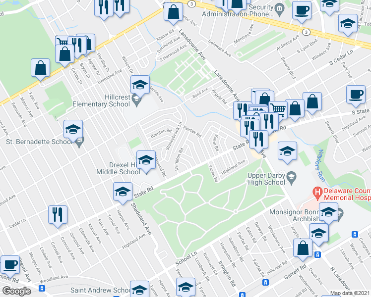 map of restaurants, bars, coffee shops, grocery stores, and more near 2554 Irvington Road in Drexel Hill