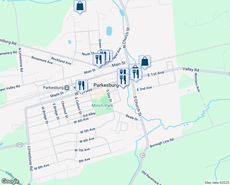map of restaurants, bars, coffee shops, grocery stores, and more near 214 Grant Street in Parkesburg