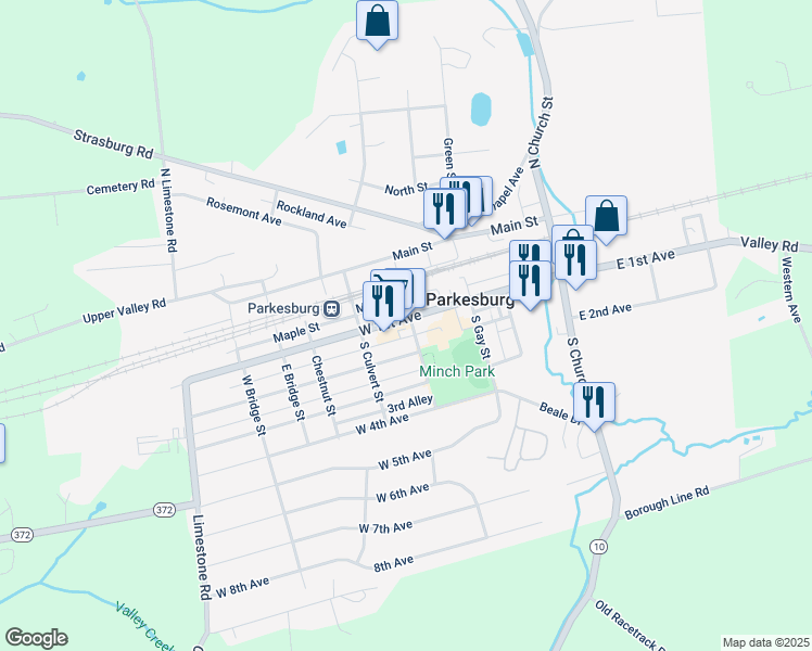 map of restaurants, bars, coffee shops, grocery stores, and more near 406 West 1st Avenue in Parkesburg