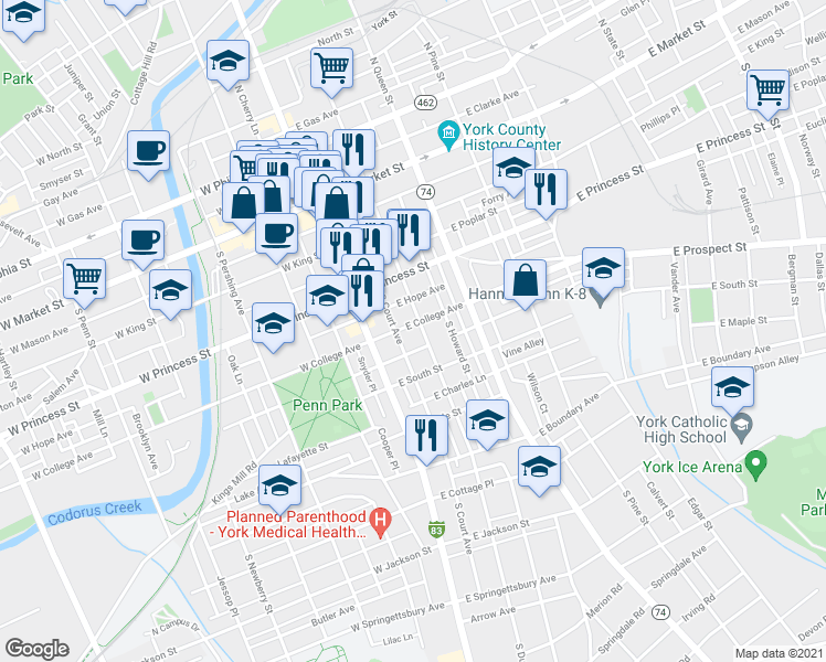 map of restaurants, bars, coffee shops, grocery stores, and more near 315 South Duke Street in York