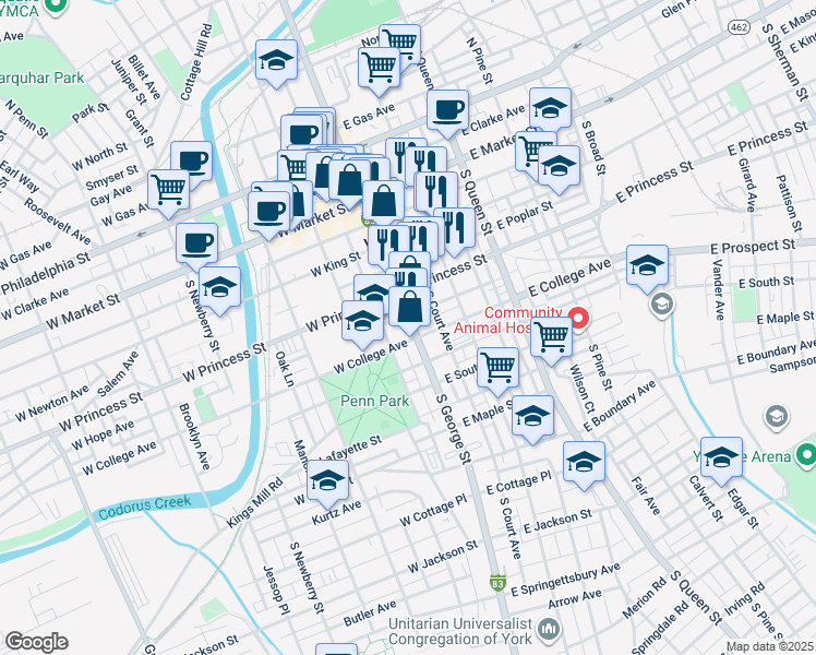 map of restaurants, bars, coffee shops, grocery stores, and more near 243 South Cherry Lane in York
