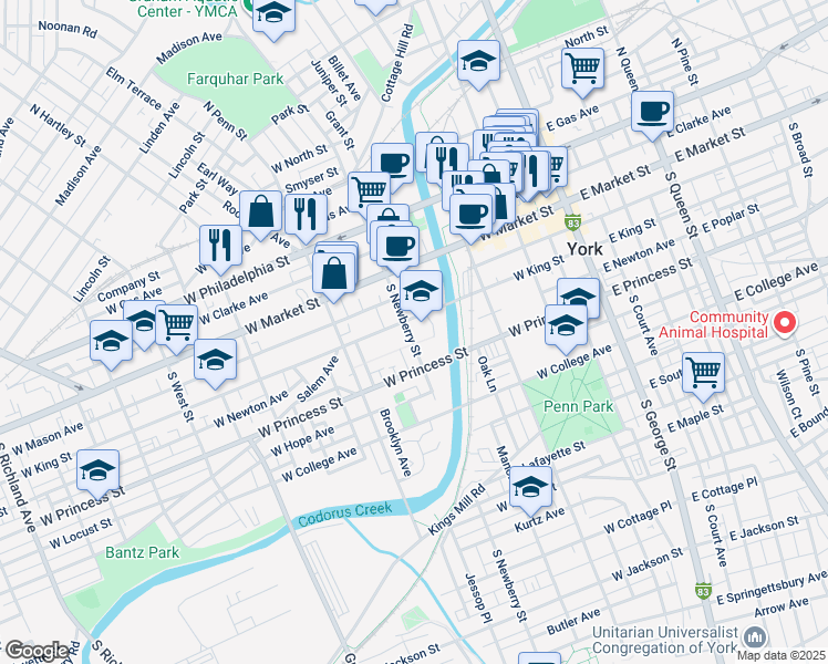 map of restaurants, bars, coffee shops, grocery stores, and more near 115 South Newberry Street in York