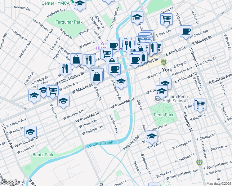 map of restaurants, bars, coffee shops, grocery stores, and more near 116 South Newberry Street in York