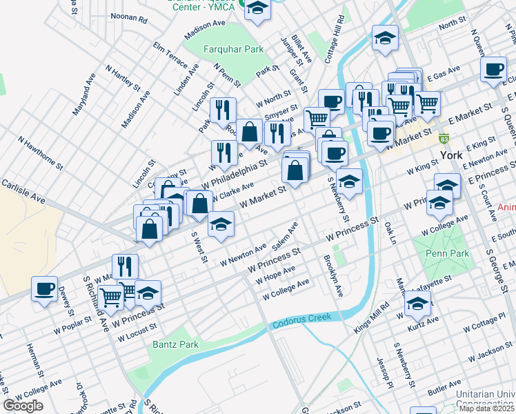 map of restaurants, bars, coffee shops, grocery stores, and more near 446 West Mason Avenue in York