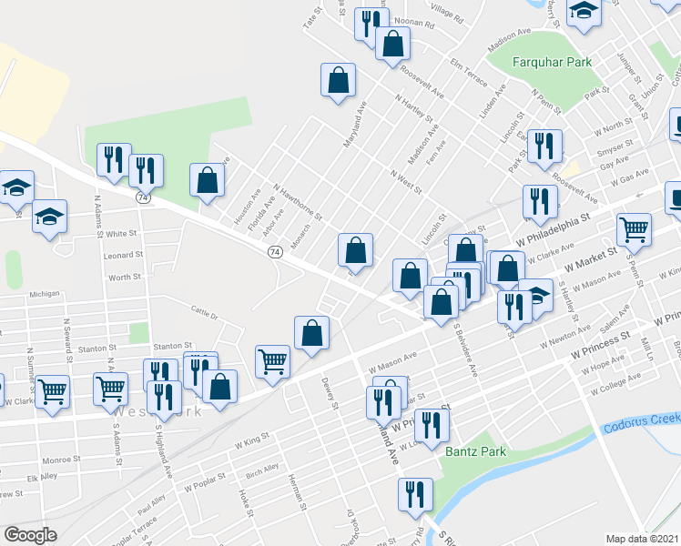 map of restaurants, bars, coffee shops, grocery stores, and more near 233 Pennsylvania 74 in York