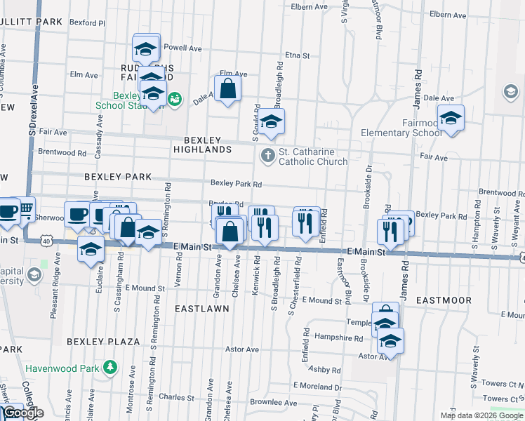 map of restaurants, bars, coffee shops, grocery stores, and more near 2839 Bryden Road in Columbus