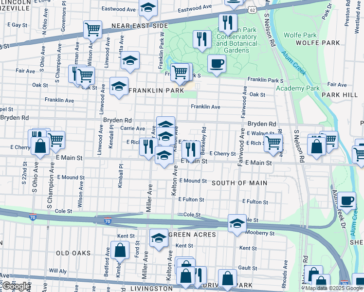 map of restaurants, bars, coffee shops, grocery stores, and more near 1571 East Rich Street in Columbus