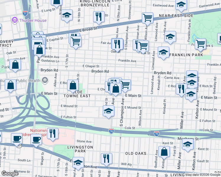 map of restaurants, bars, coffee shops, grocery stores, and more near 333 South Ohio Avenue in Columbus