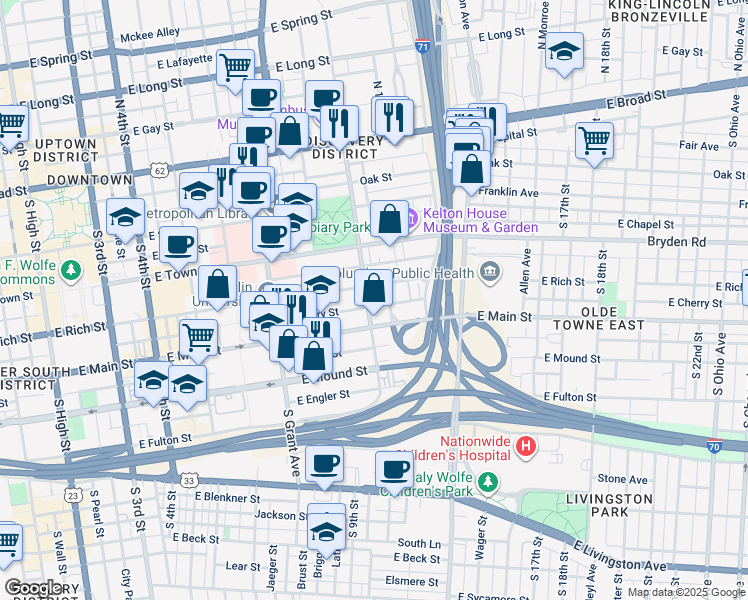 map of restaurants, bars, coffee shops, grocery stores, and more near 256 South Washington Avenue in Columbus