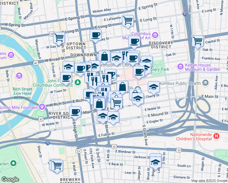 map of restaurants, bars, coffee shops, grocery stores, and more near 204 South 5th Street in Columbus