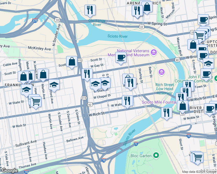 map of restaurants, bars, coffee shops, grocery stores, and more near 532 West State Street in Columbus