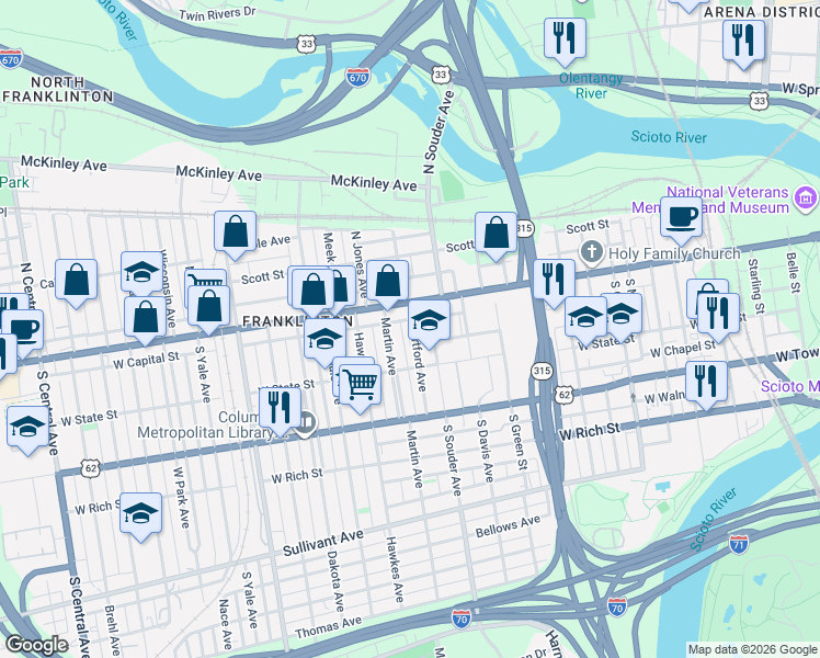 map of restaurants, bars, coffee shops, grocery stores, and more near 51s South Souder Avenue in Columbus