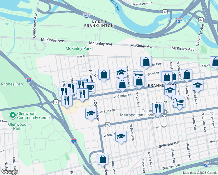 map of restaurants, bars, coffee shops, grocery stores, and more near 24 North Princeton Avenue in Columbus