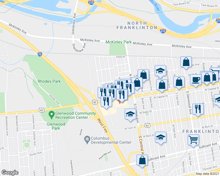 map of restaurants, bars, coffee shops, grocery stores, and more near 53 Stevens Avenue in Columbus