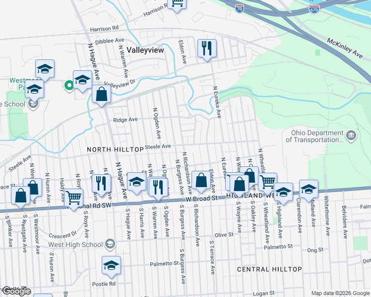 map of restaurants, bars, coffee shops, grocery stores, and more near 153 North Terrace Avenue in Columbus