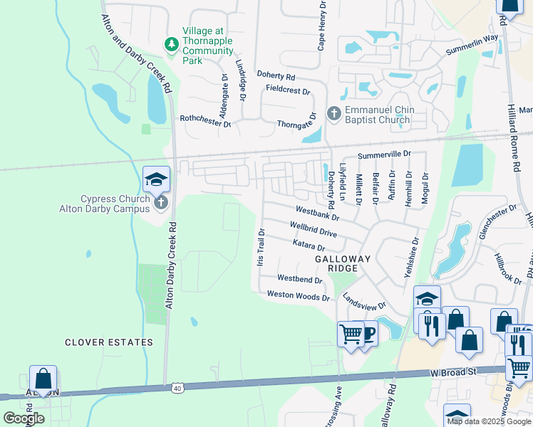 map of restaurants, bars, coffee shops, grocery stores, and more near 5952 Wellbrid Drive in Galloway