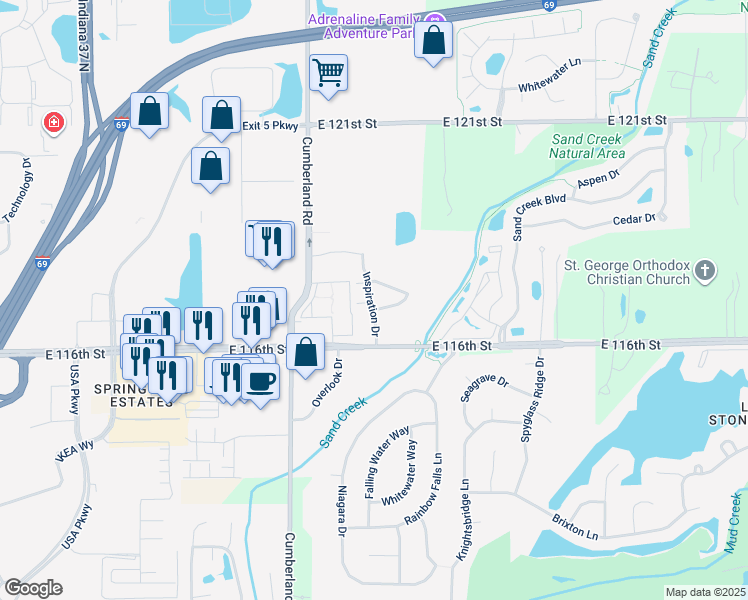map of restaurants, bars, coffee shops, grocery stores, and more near 9879 Brielle Court in Fishers