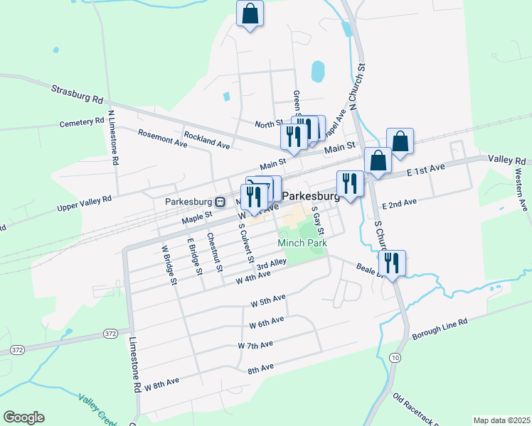 map of restaurants, bars, coffee shops, grocery stores, and more near 408 West 1st Avenue in Parkesburg
