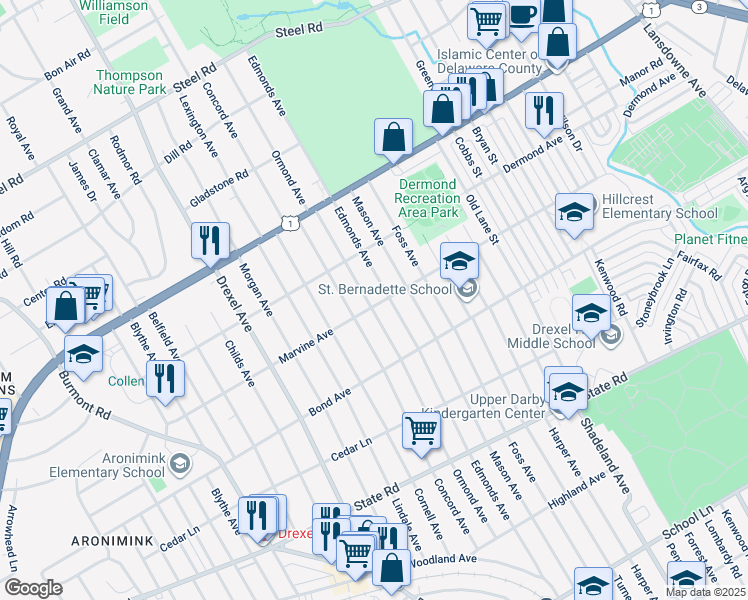 map of restaurants, bars, coffee shops, grocery stores, and more near 1101 Ormond Avenue in Drexel Hill