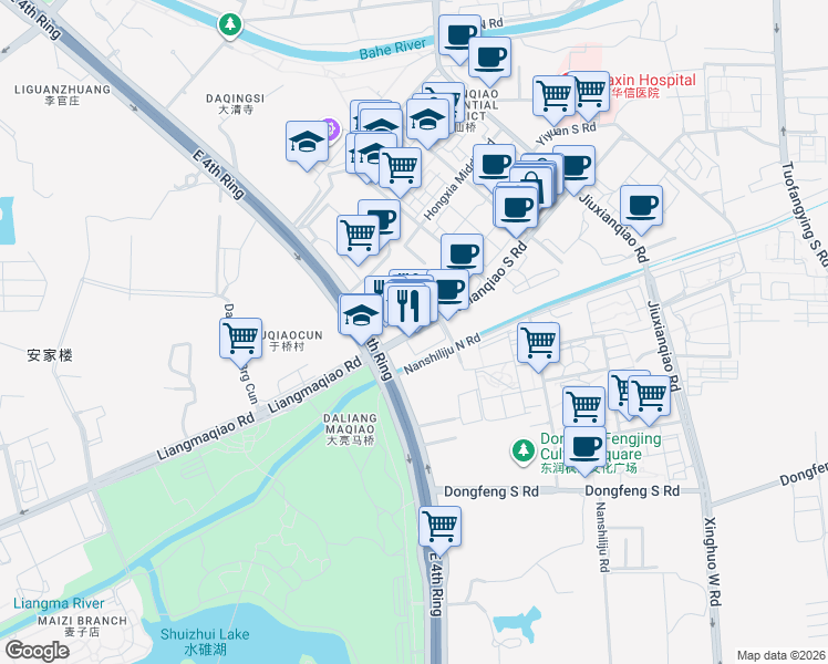 map of restaurants, bars, coffee shops, grocery stores, and more near Jiuxianqiao South Road in Beijing