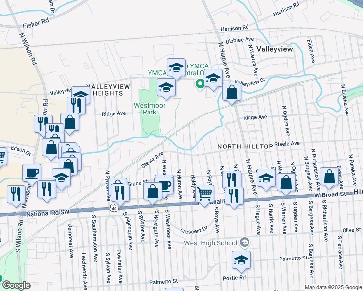 map of restaurants, bars, coffee shops, grocery stores, and more near 190 North Huron Avenue in Columbus