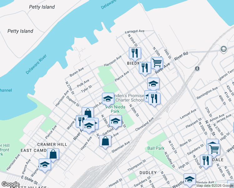 map of restaurants, bars, coffee shops, grocery stores, and more near 1018 Reeves Avenue in Camden