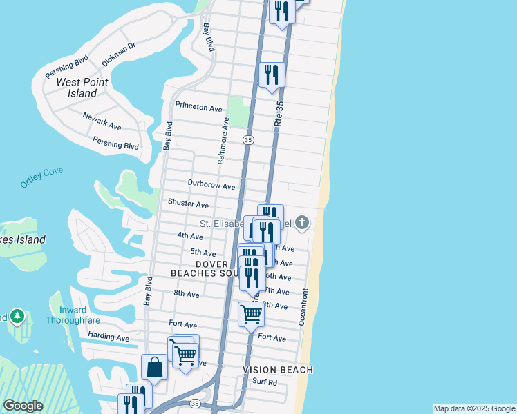 map of restaurants, bars, coffee shops, grocery stores, and more near 2011 New Jersey 35 in Seaside Heights