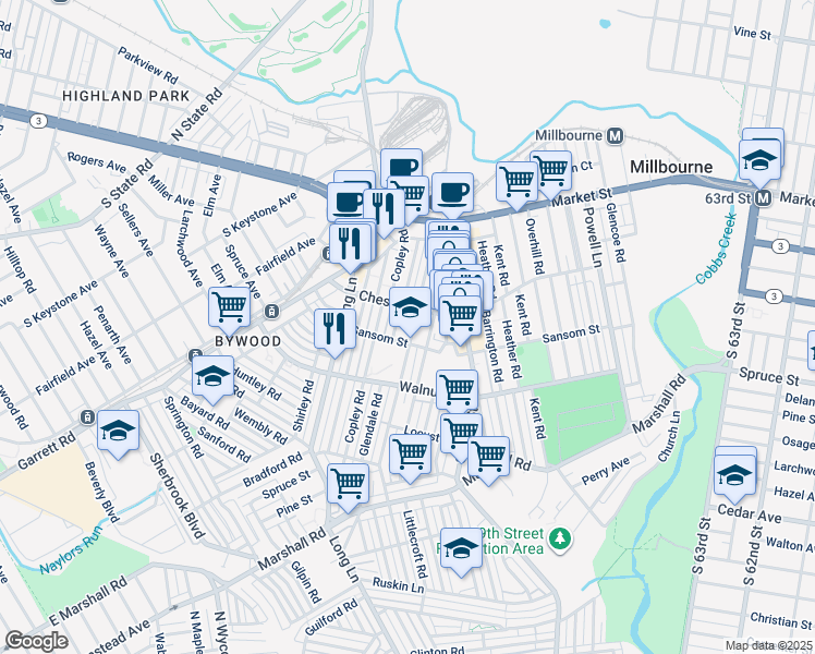 map of restaurants, bars, coffee shops, grocery stores, and more near 110 Hampden Road in Upper Darby