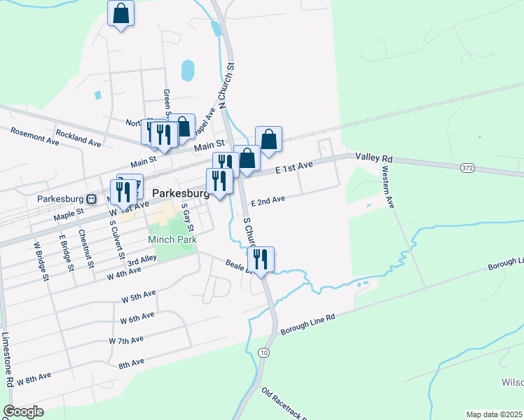 map of restaurants, bars, coffee shops, grocery stores, and more near 46 E 2nd Ave in Parkesburg