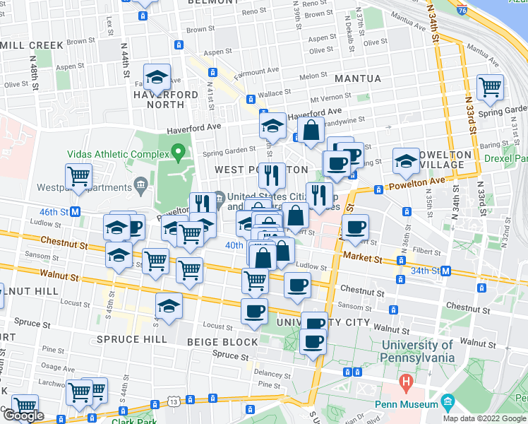map of restaurants, bars, coffee shops, grocery stores, and more near 55 Wiota Street in Philadelphia