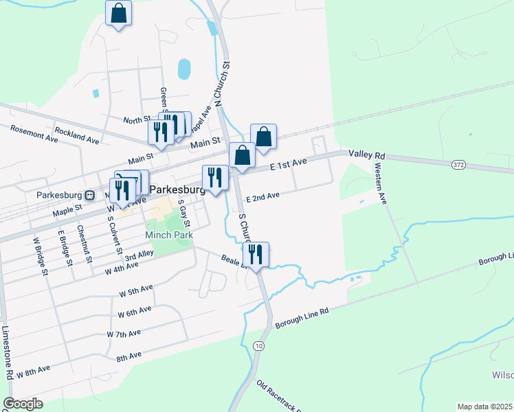 map of restaurants, bars, coffee shops, grocery stores, and more near 46 E 2nd Ave in Parkesburg