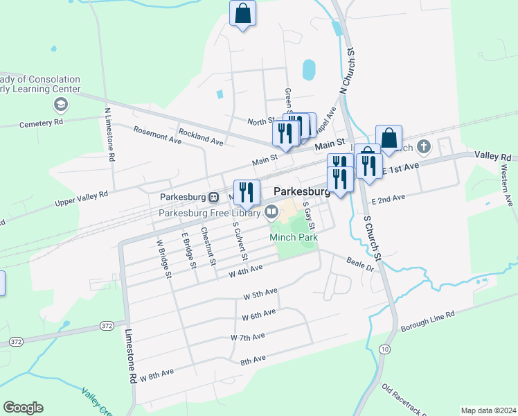 map of restaurants, bars, coffee shops, grocery stores, and more near 406 West 1st Avenue in Parkesburg
