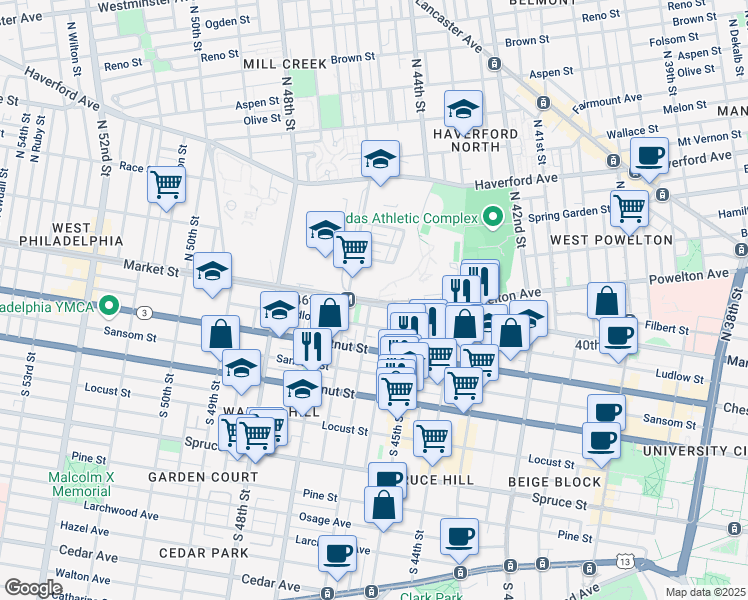 map of restaurants, bars, coffee shops, grocery stores, and more near 45-04 Market Street in Philadelphia