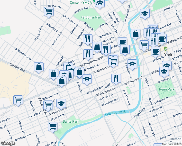 map of restaurants, bars, coffee shops, grocery stores, and more near 507 West Market Street in York