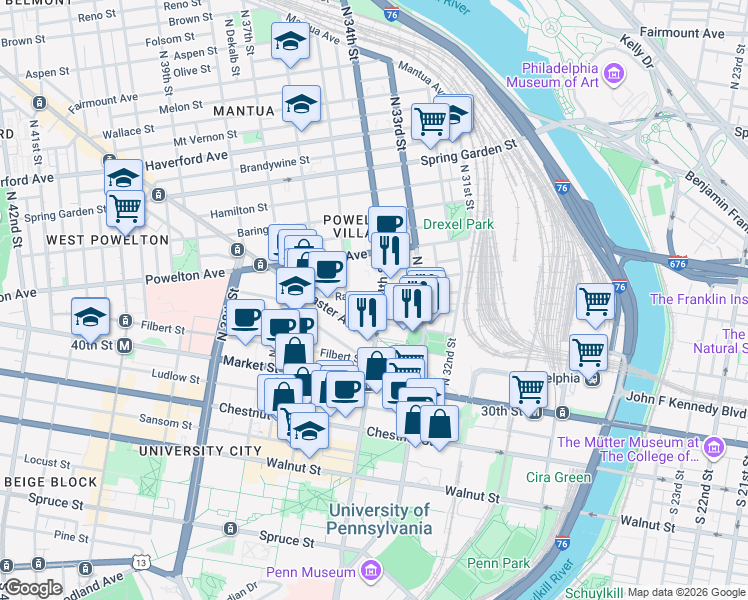 map of restaurants, bars, coffee shops, grocery stores, and more near 3314 Race Street in Philadelphia