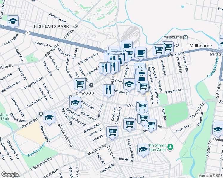 map of restaurants, bars, coffee shops, grocery stores, and more near 125 Long Lane in Upper Darby