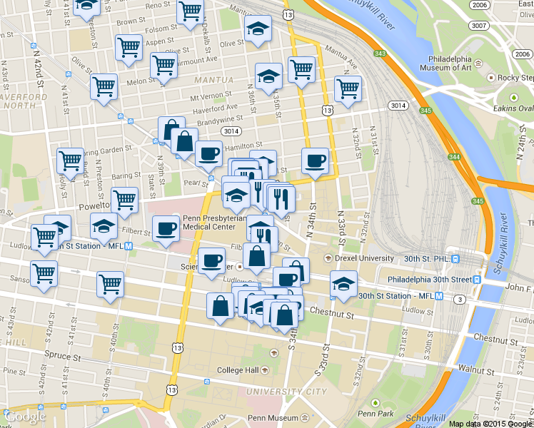 map of restaurants, bars, coffee shops, grocery stores, and more near N 36th St & Race St in Philadelphia