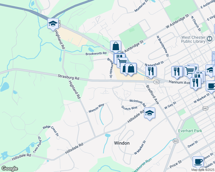 map of restaurants, bars, coffee shops, grocery stores, and more near 749 Bradford Terrace in West Chester