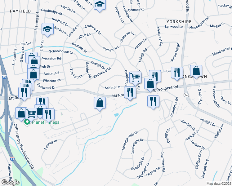 map of restaurants, bars, coffee shops, grocery stores, and more near 2705 Mount Rose Avenue in East York