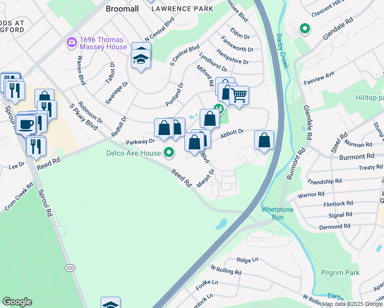 map of restaurants, bars, coffee shops, grocery stores, and more near 1005 Sussex Blvd in Broomall
