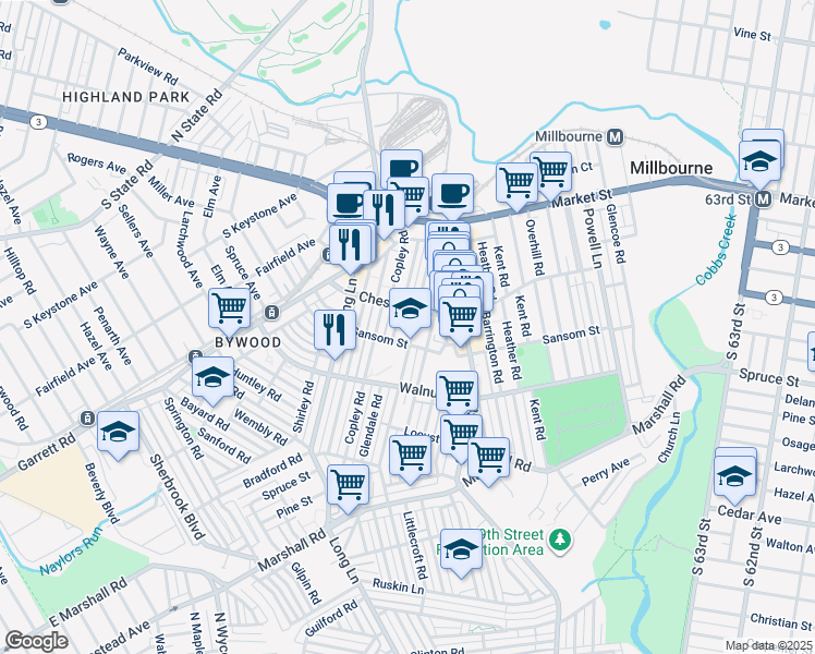 map of restaurants, bars, coffee shops, grocery stores, and more near 110 Hampden Road in Upper Darby