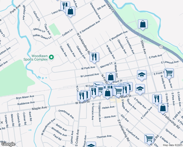 map of restaurants, bars, coffee shops, grocery stores, and more near 35 West Linwood Avenue in Maple Shade