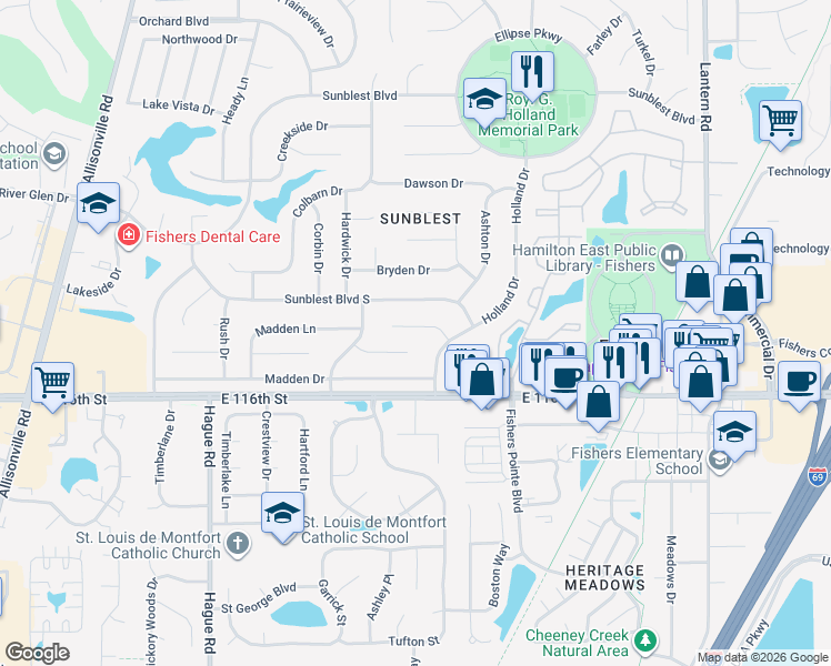 map of restaurants, bars, coffee shops, grocery stores, and more near 7815 Hampton Place in Fishers