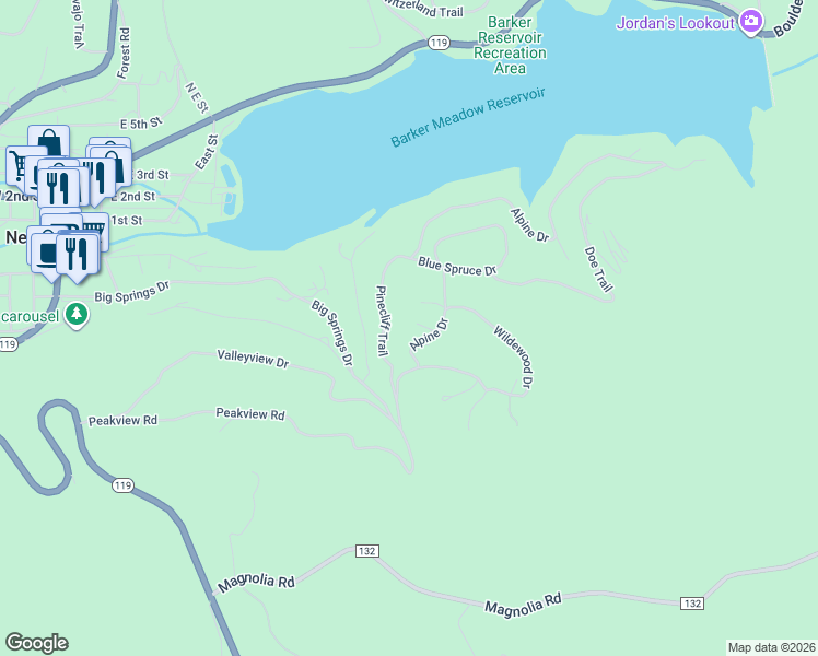 map of restaurants, bars, coffee shops, grocery stores, and more near 57 Alpine Drive in Nederland